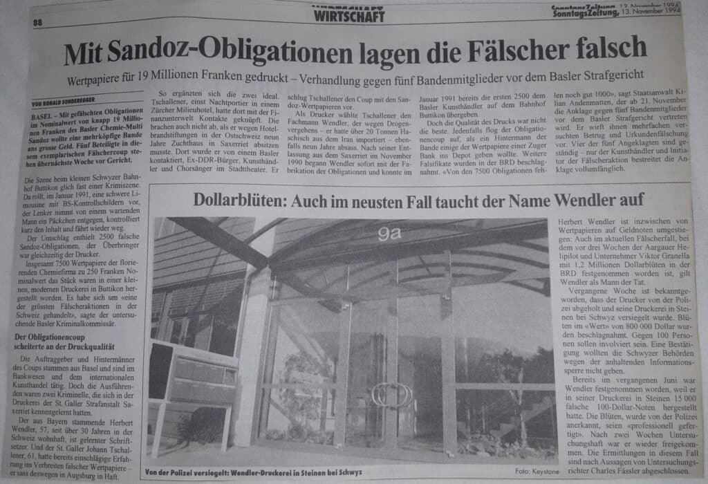 Sonntagszeitung - 13. November - Mit Sandoz-Obligationen lagen die Fälscher falsch...