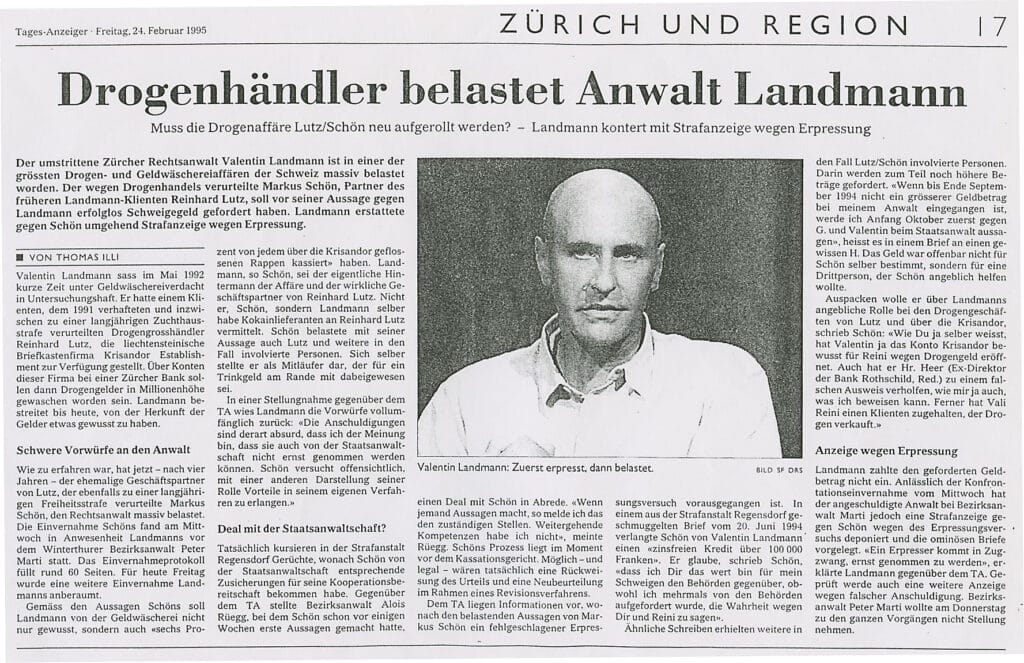 Zeitungsauschnitt vom Tagesanzeiger 24. Februar 1995 mit dem Titel: Drogenhändler belastet Anwalt Landmann