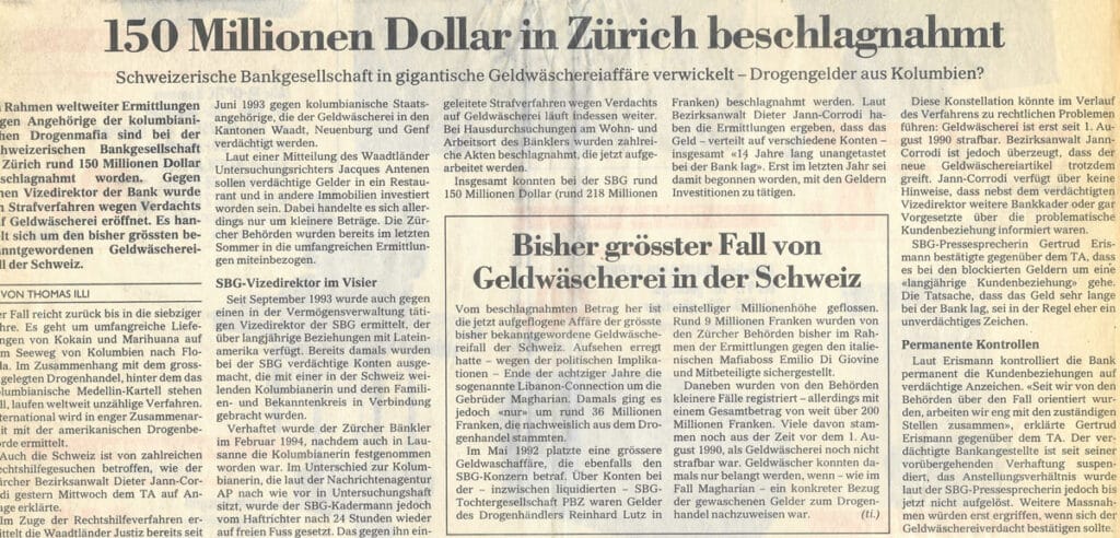 Zeitungsauschnitt: 150 Millionen Dollar in Zürich beschlagnahmt