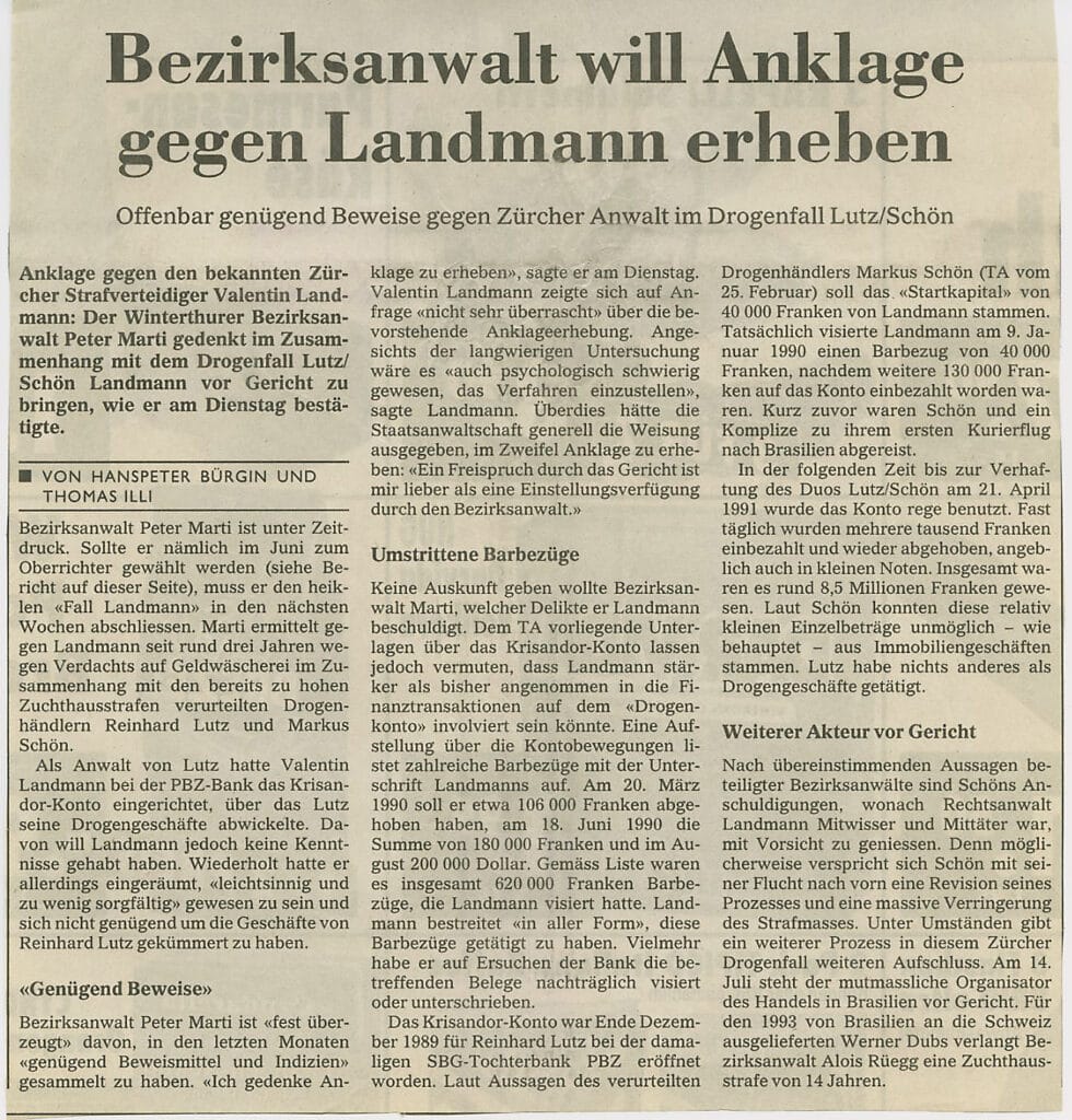 Bezirksanwalt will Klage gegen Landmann erheben. Offenbar genügend Beweise gegen Zürcher Anwalt im Drogenfall Lutz/Schön