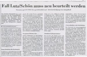 Zeitungsausschnitt: Fall Lutz / Schön muss neu beurteilt werden