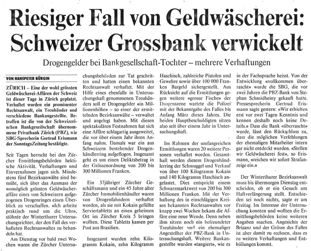 Zeitungsauschnitt: Riesiger Fall von Geldwäscherei: Schweizer Grossbank verwickelt