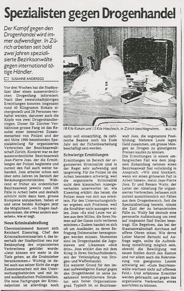 Zeitungsauschnitt: Spezialisten gegen Drogenhandel
