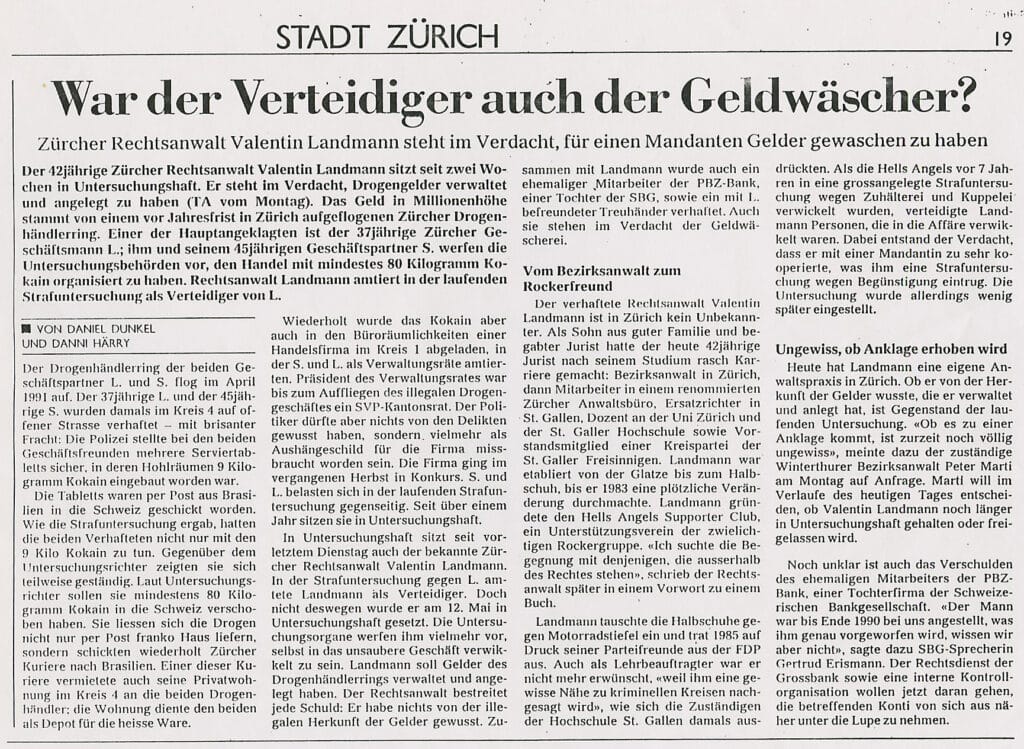 Zeitungsauschnitt: War der Verteidiger auch der Geldwäscher?