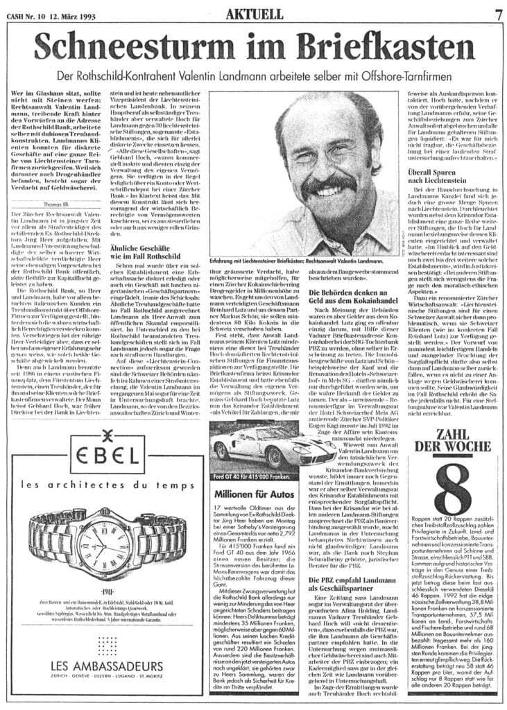 Zeitungsausschnitt Cash Nr. 10 vom 12. März 1993 Schneesturm im Briefkasten