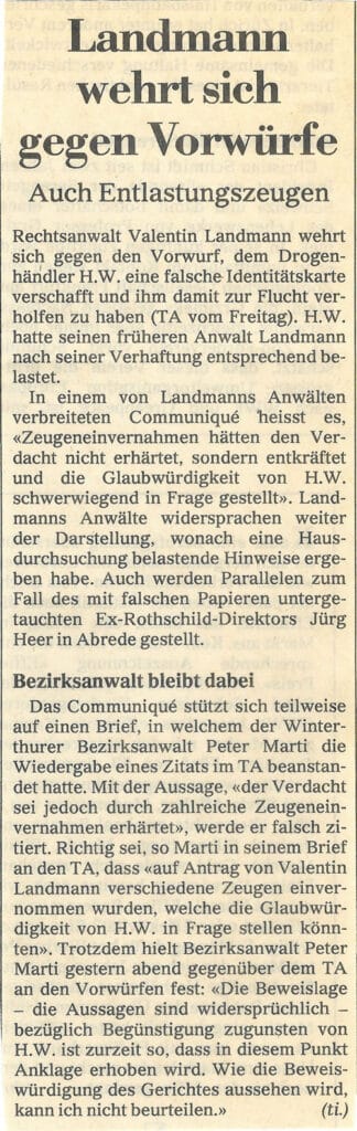 Zeitungsauschnitt: Landmann wehrt sich gegen Vorwürfe. Auch Entlastungszeugen