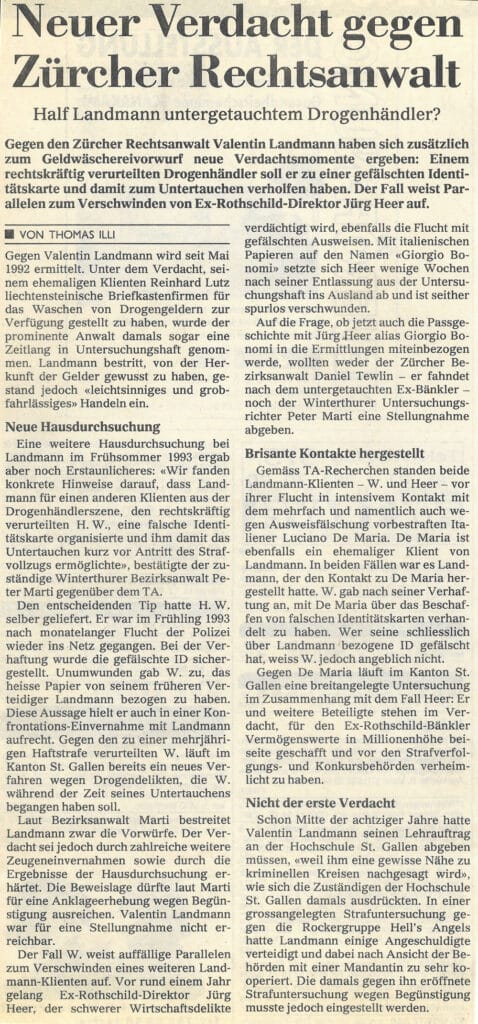 Zeitungsausschnitt: Neuer Verdacht gegen Zürcher Rechtsanwalt. Half Landmann untergetauchten Drogenhändlern?
