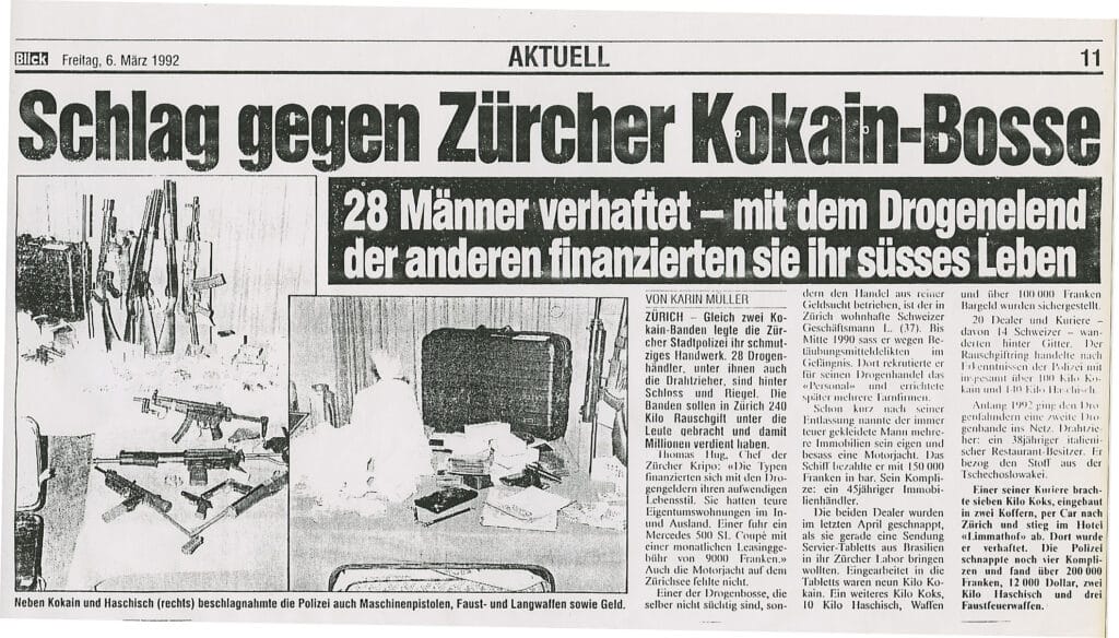 Zeitungsauschnitt: Blick vom 06. März 1992 Schlag gegen Zürcher Kokain-Bosse